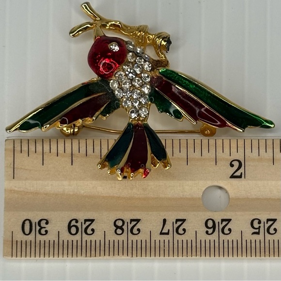 Vintage Bird on Branch Brooch Enamel Green Red Gold Tone Rhinestone Signed - Picture 6 of 10